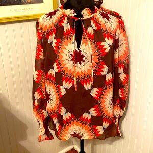 LOFT adorable, patchwork, print peasant, blouse, lined with sheer sleeves